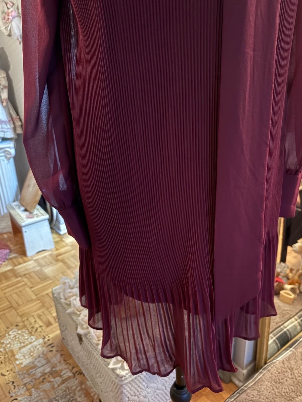 Women's Pleated Long-Sleeve Dress with Neck Tie - Burgundy - Picture 3 of 5